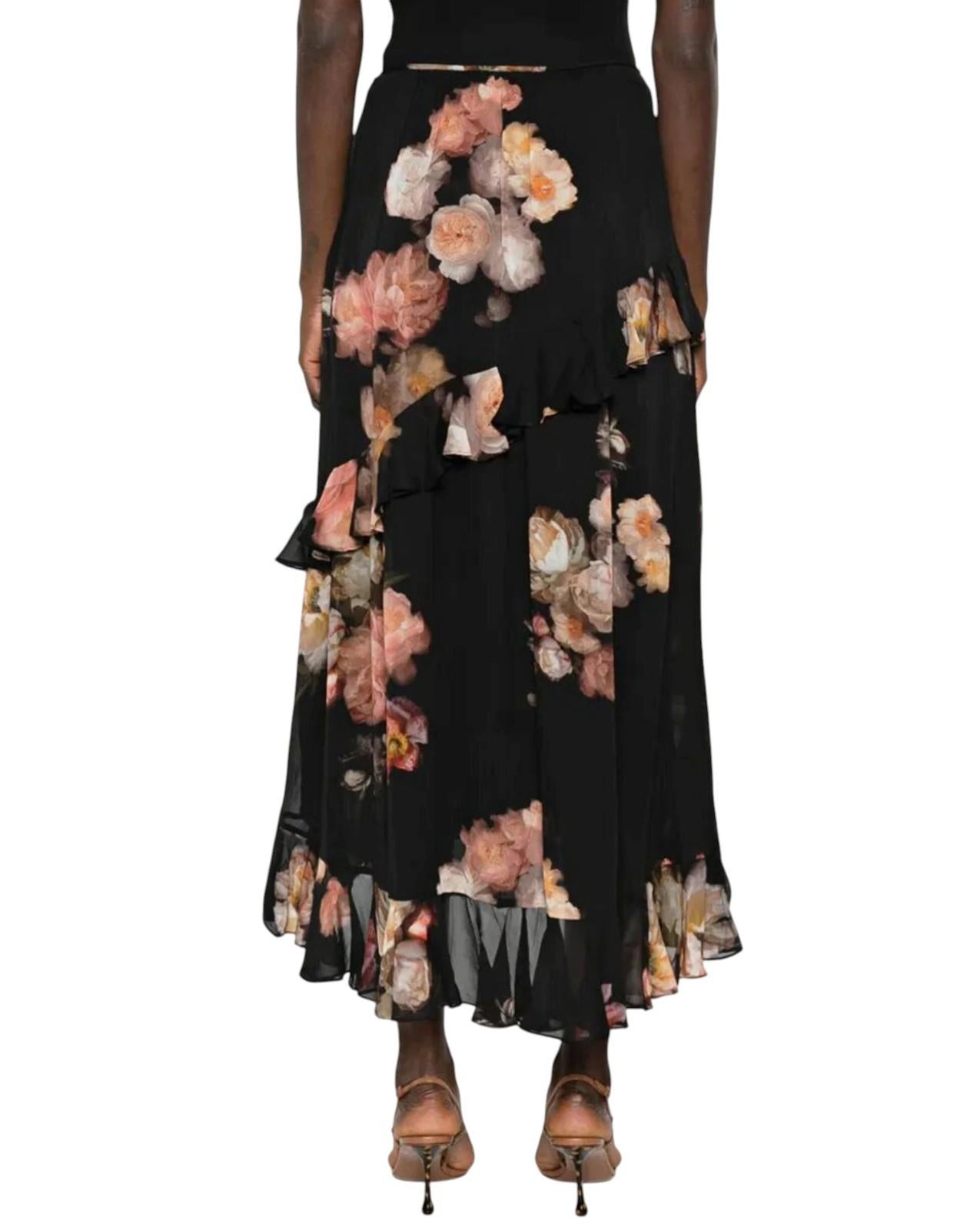 Zimmermann Hypnotic Asymmetric Midi Skirt | Floral, Black, Tiered, High Waist