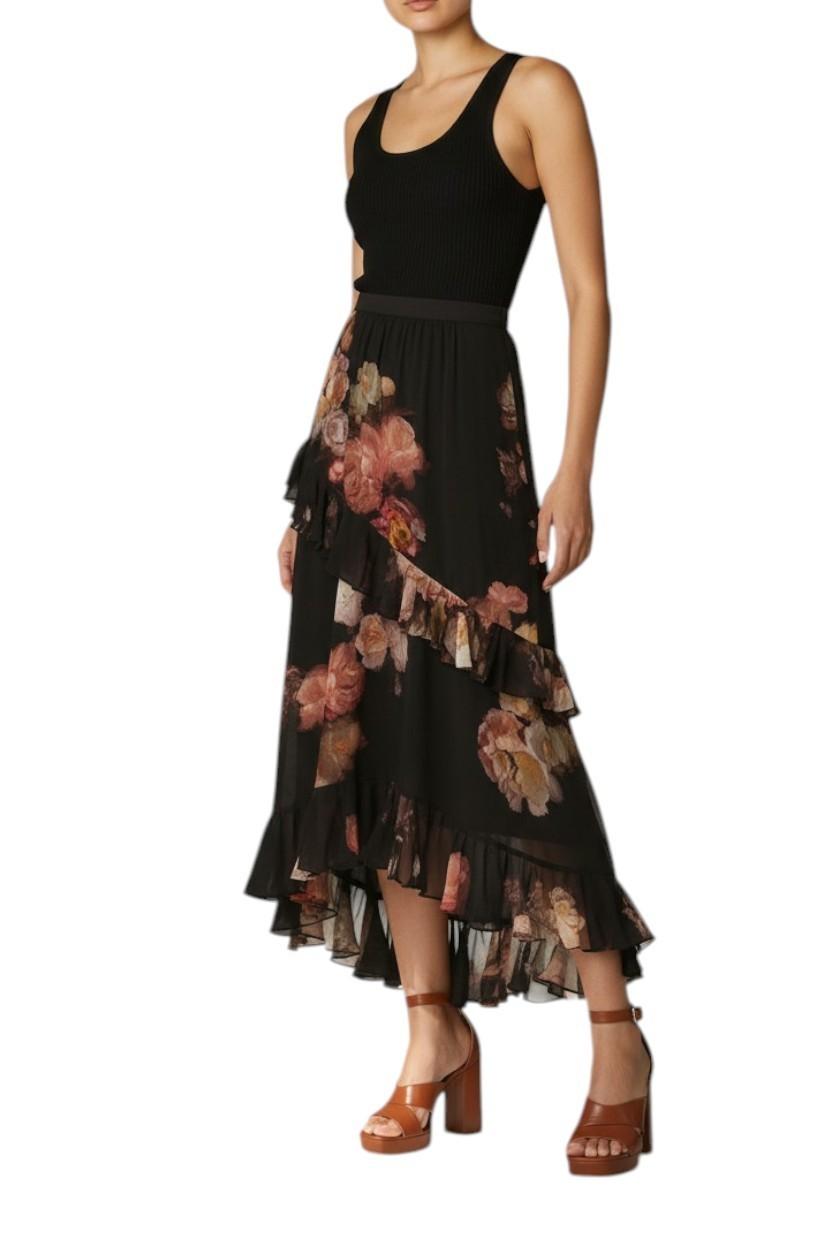 Zimmermann Hypnotic Asymmetric Midi Skirt | Floral, Black, Tiered, High Waist