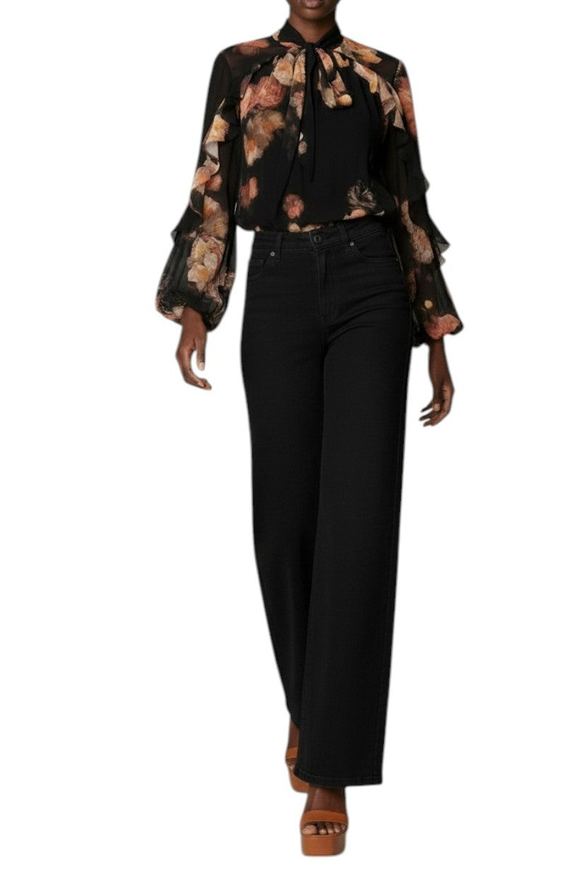 Zimmermann Hypnotic Asymmetric Flutter Blouse | Black Floral Chiffon, Neck Tie