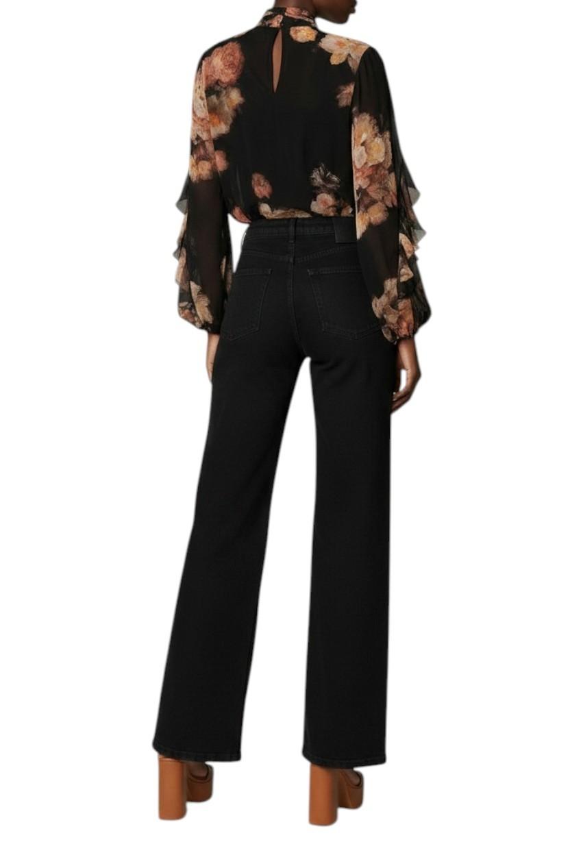 Zimmermann Hypnotic Asymmetric Flutter Blouse | Black Floral Chiffon, Neck Tie