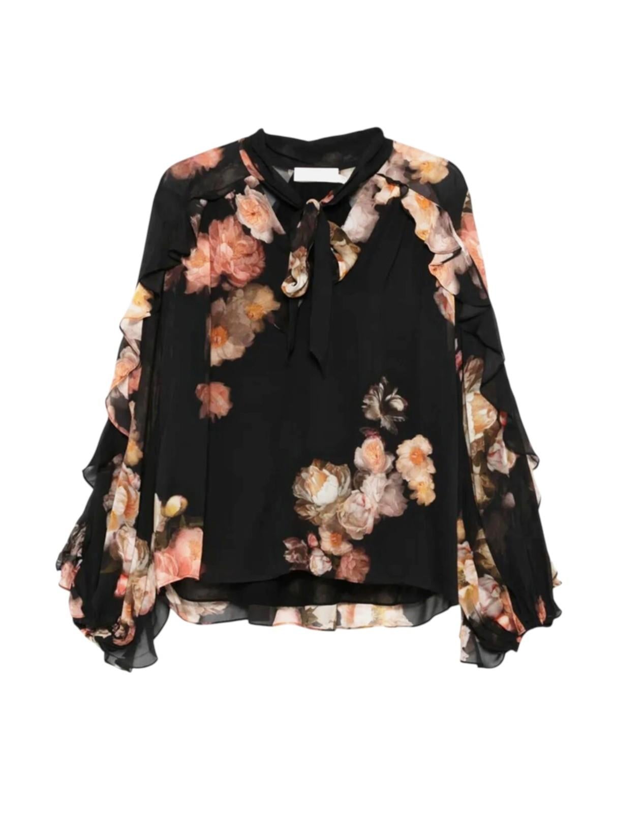 Zimmermann Hypnotic Asymmetric Flutter Blouse | Black Floral Chiffon, Neck Tie