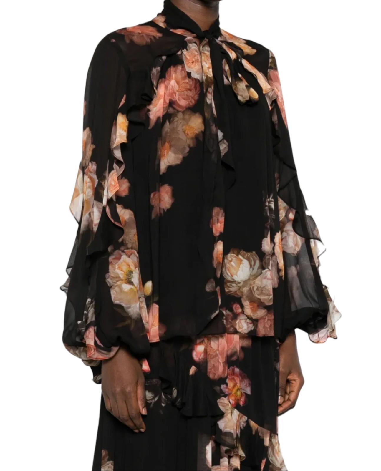 Zimmermann Hypnotic Asymmetric Flutter Blouse | Black Floral Chiffon, Neck Tie