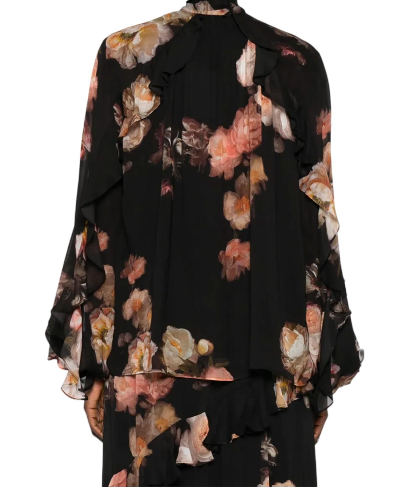 Zimmermann Hypnotic Asymmetric Flutter Blouse | Black Floral Chiffon, Neck Tie