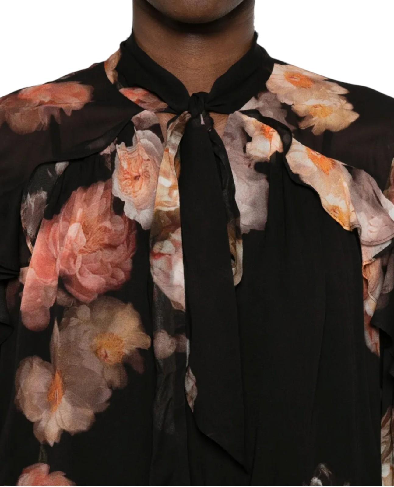 Zimmermann Hypnotic Asymmetric Flutter Blouse | Black Floral Chiffon, Neck Tie
