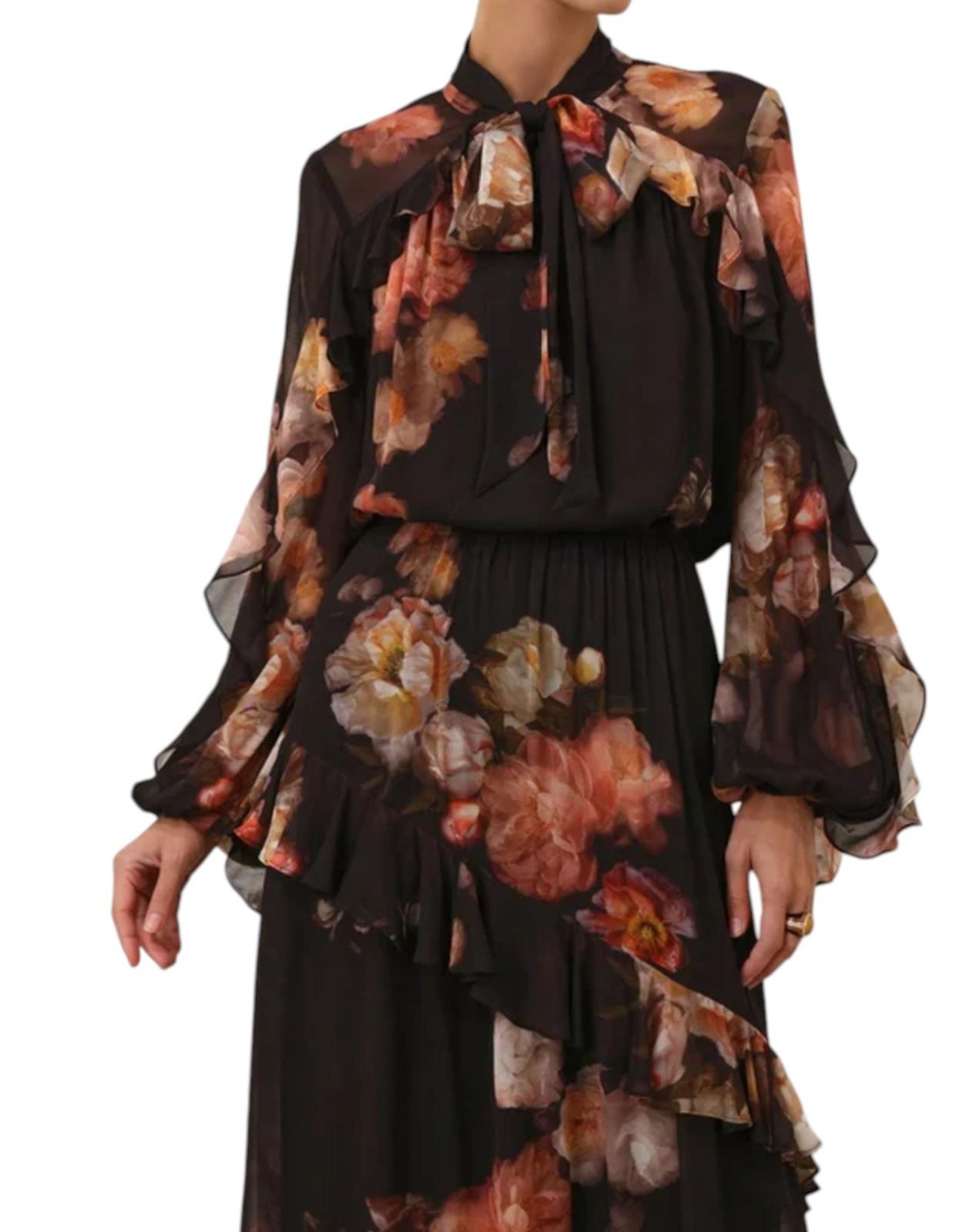 Zimmermann Hypnotic Asymmetric Flutter Blouse | Black Floral Chiffon, Neck Tie
