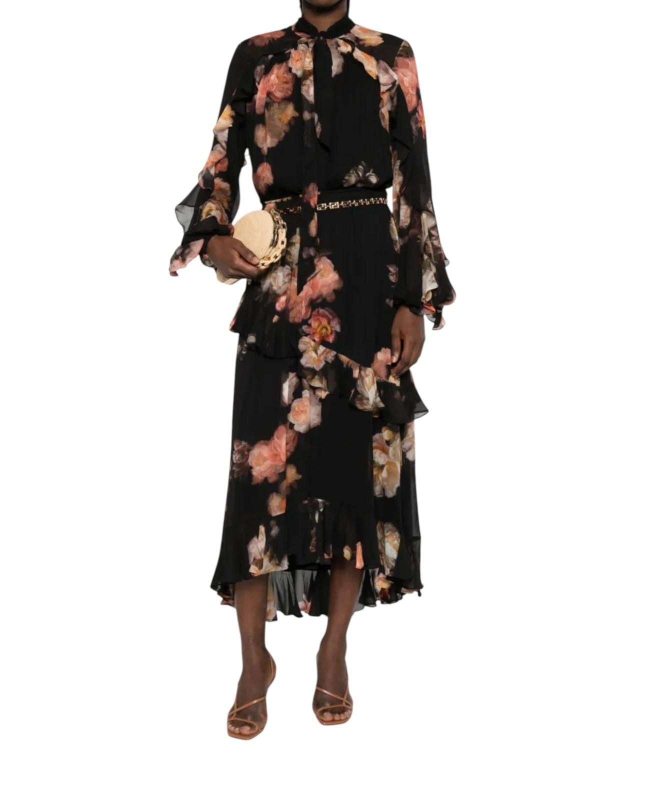 Zimmermann Hypnotic Asymmetric Flutter Blouse | Black Floral Chiffon, Neck Tie