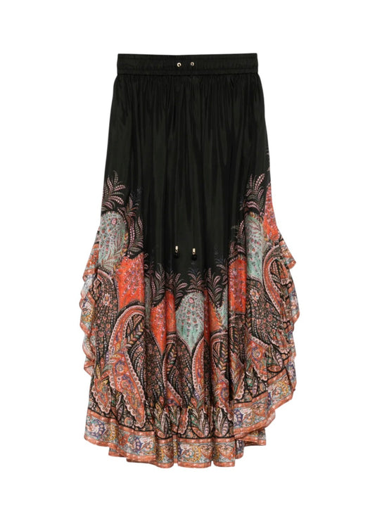 Zimmermann Rhiannon Ruffle Maxi Skirt | Black Paisley, Drawstring Waist, Silk