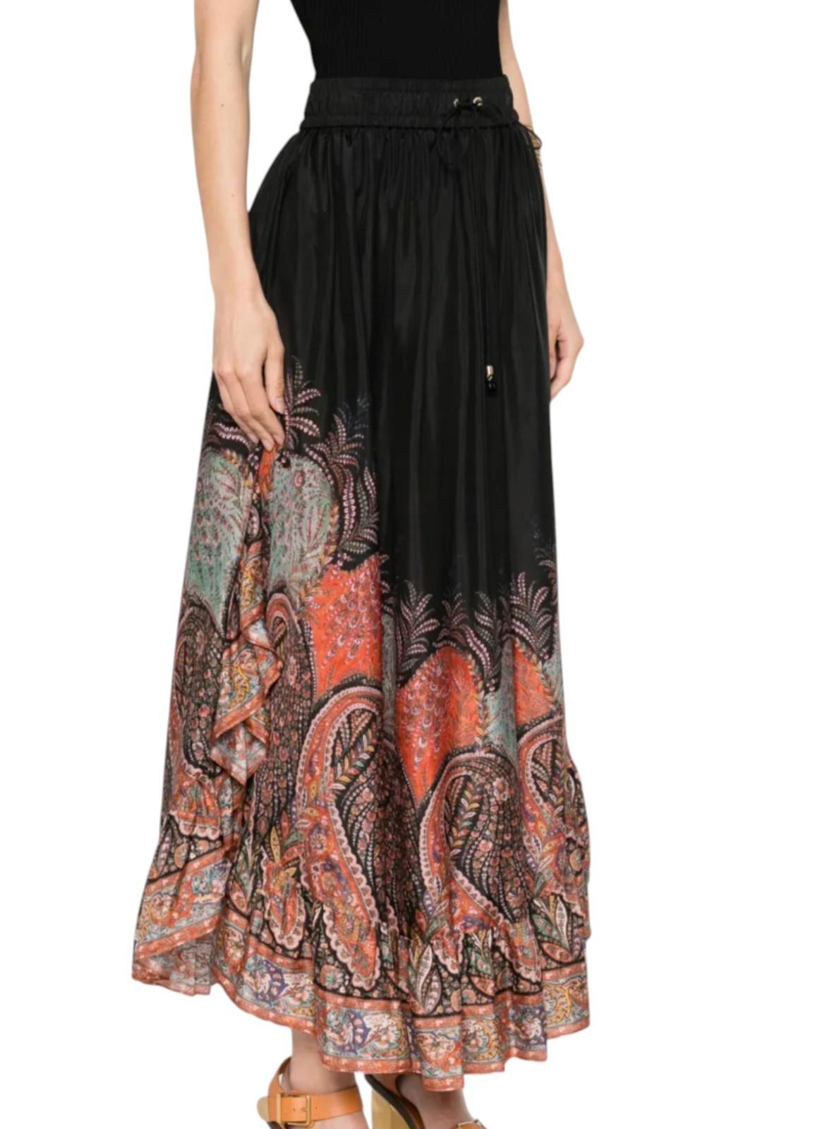 Zimmermann Rhiannon Ruffle Maxi Skirt | Black Paisley, Drawstring Waist, Silk