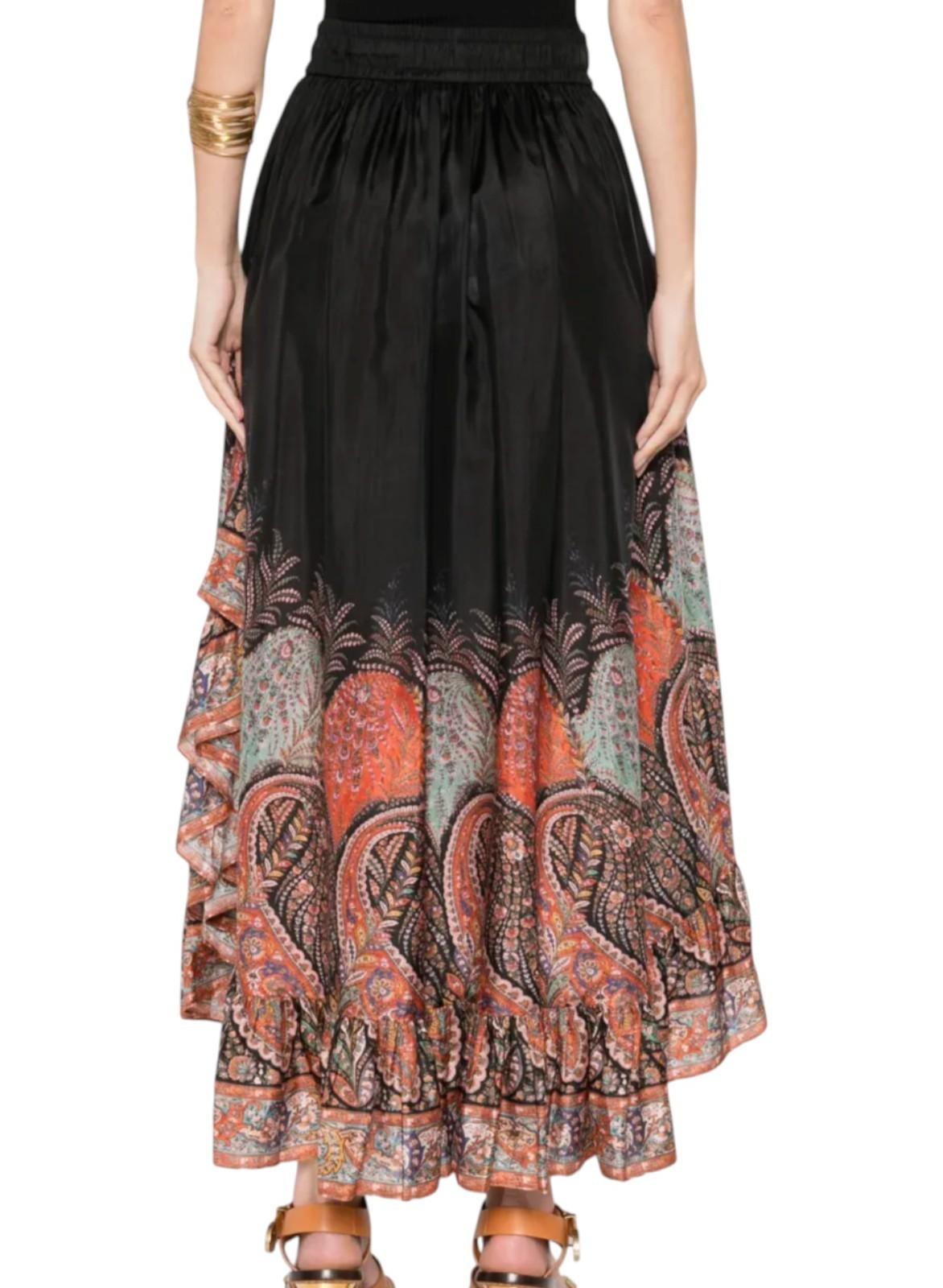 Zimmermann Rhiannon Ruffle Maxi Skirt | Black Paisley, Drawstring Waist, Silk