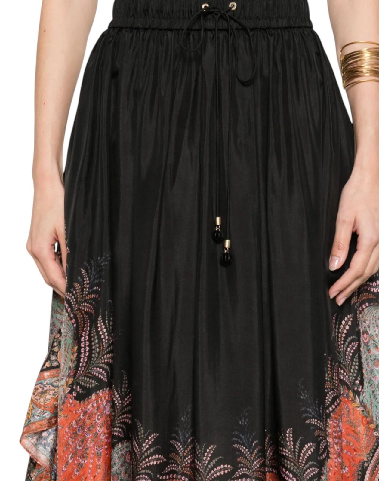 Zimmermann Rhiannon Ruffle Maxi Skirt | Black Paisley, Drawstring Waist, Silk