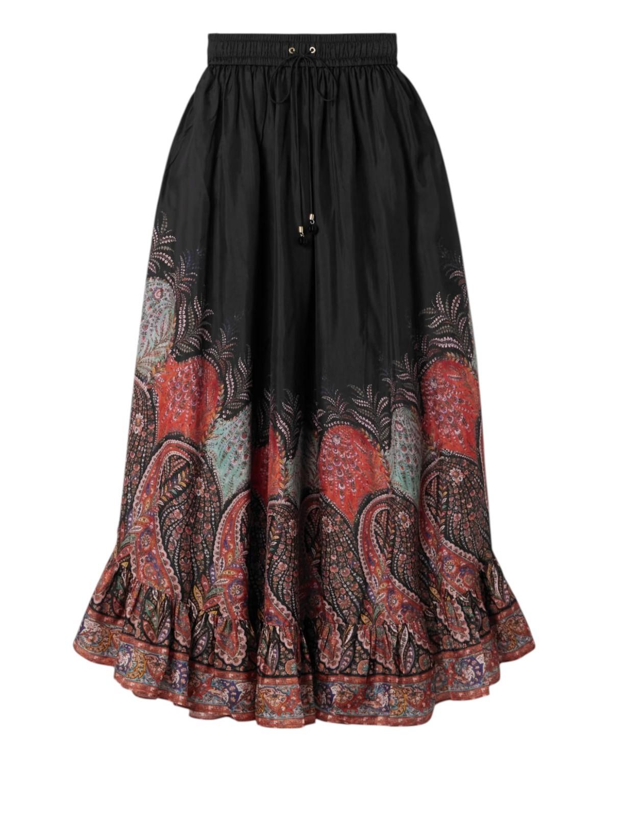Zimmermann Rhiannon Ruffle Maxi Skirt | Black Paisley, Drawstring Waist, Silk