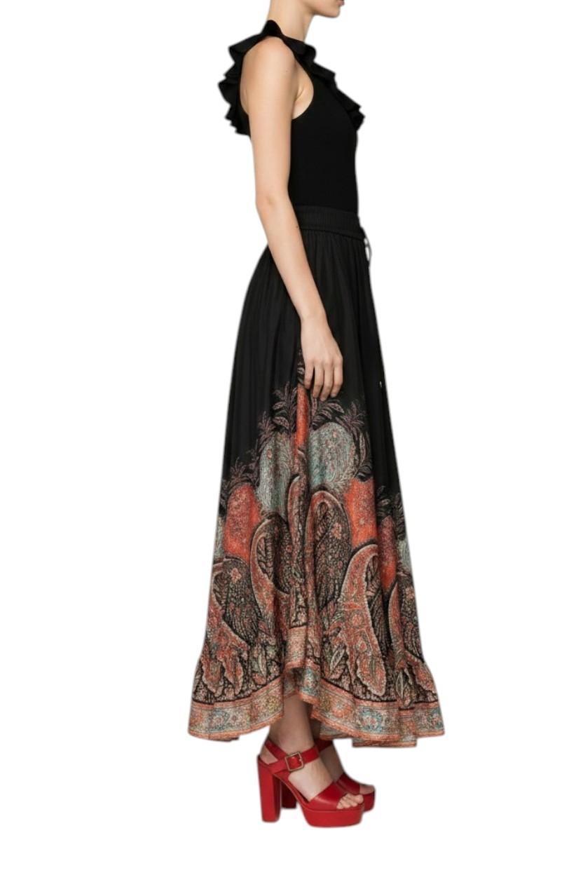 Zimmermann Rhiannon Ruffle Maxi Skirt | Black Paisley, Drawstring Waist, Silk