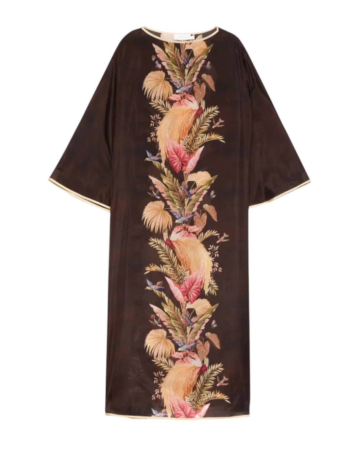 Zimmermann Ascension Tunic Midi Dress | Burgundy Palm Floral, Silk, Belt, Kimono