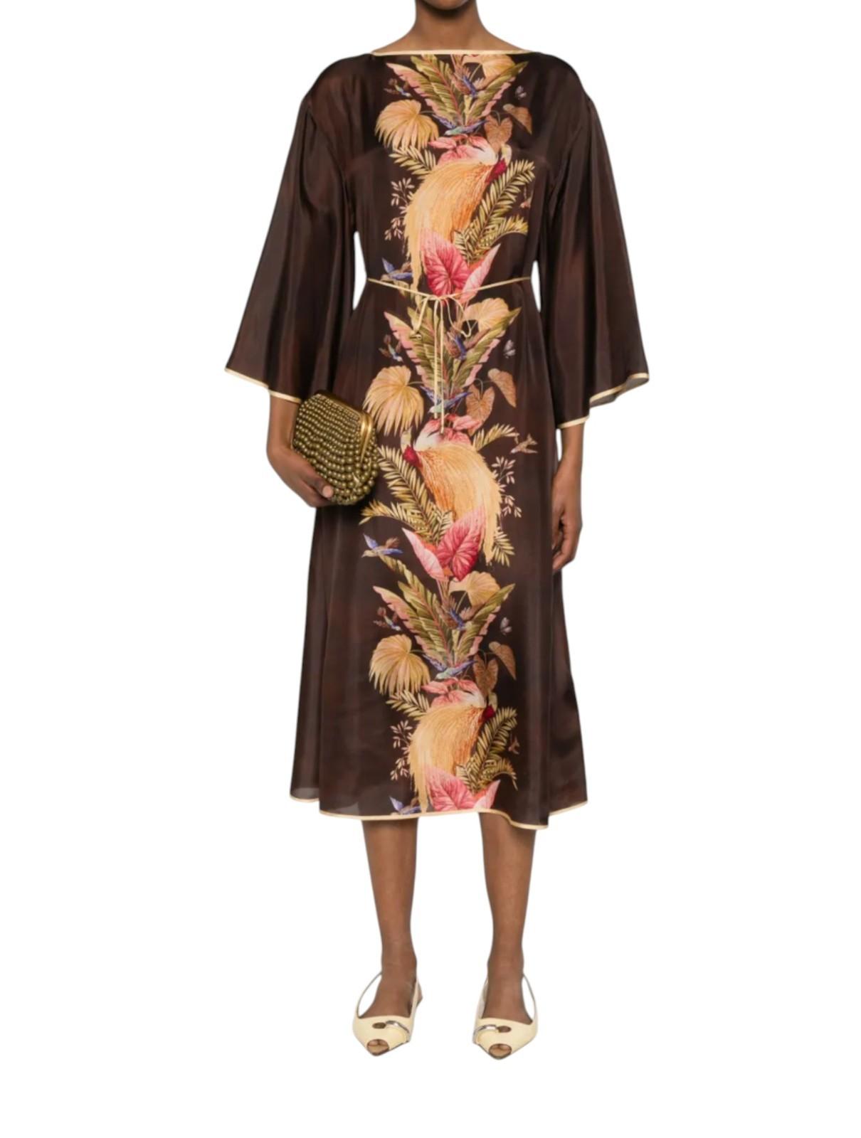 Zimmermann Ascension Tunic Midi Dress | Burgundy Palm Floral, Silk, Belt, Kimono