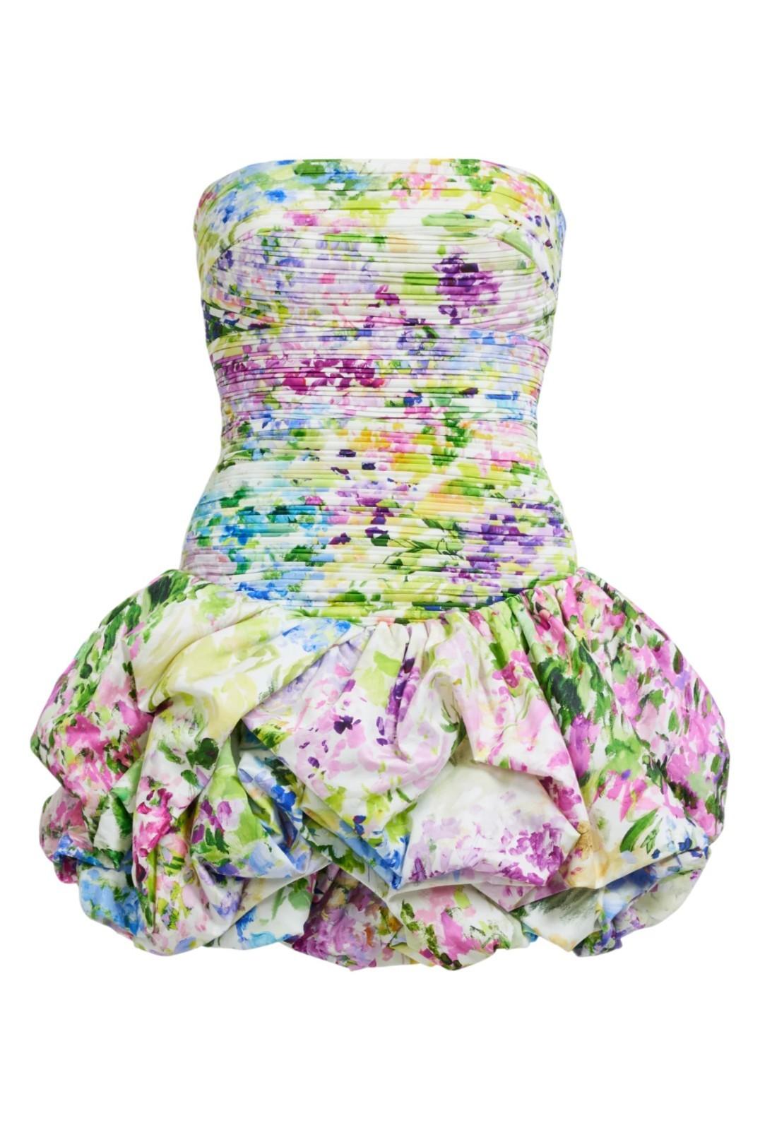 Aje Violette Bubble Hem Mini Dress | Lavandula Floral, Ruched, Strapless, Cotton
