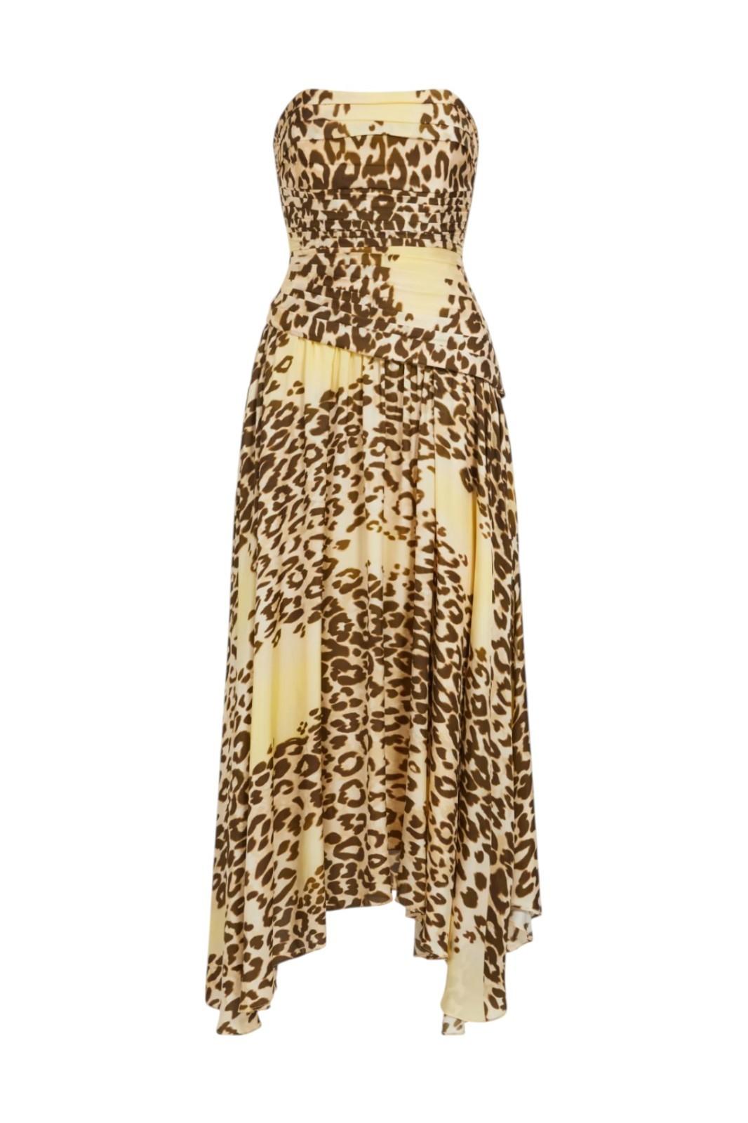 Aje. Lani Midi Dress | Creatura/Leopard Print, Ruched, Asymmetric, Silk/Viscose