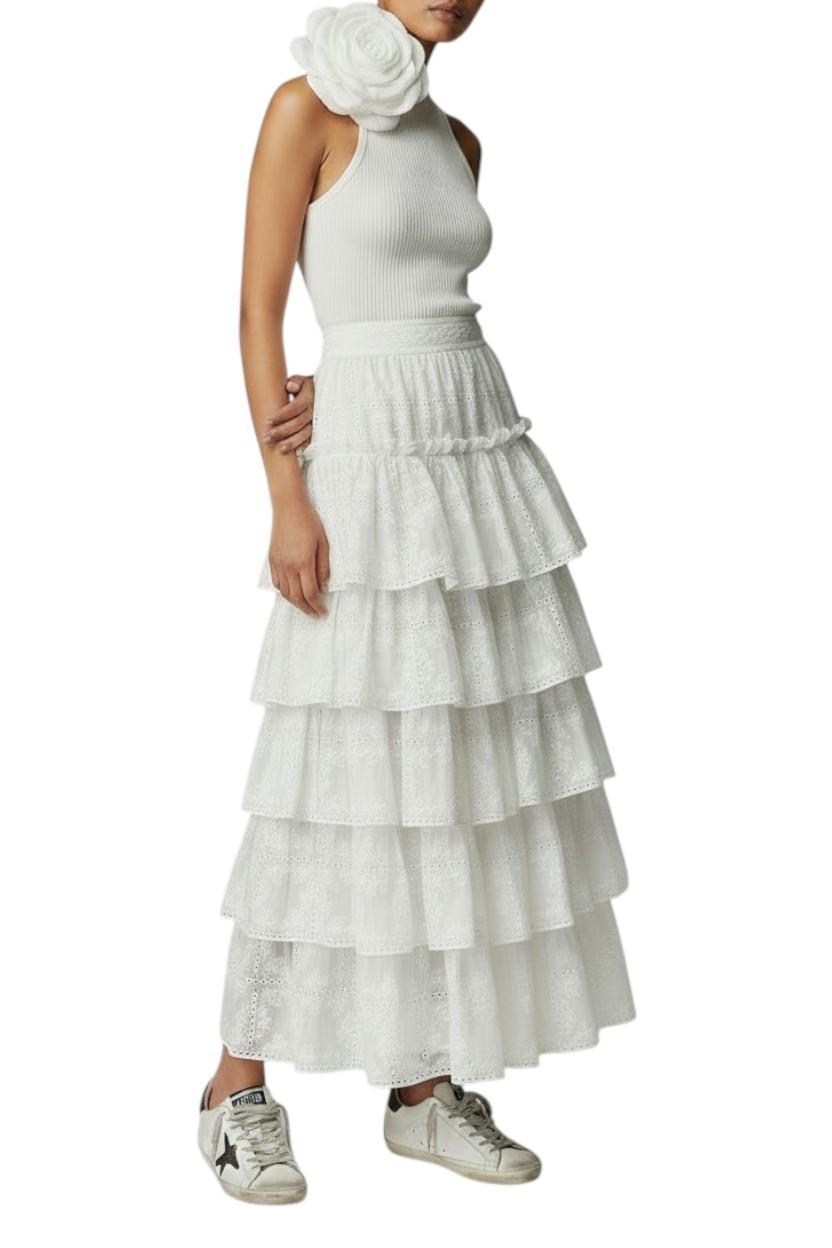 Aje. Merritt Embroidered Midi Skirt | White/Ivory, Anglaise, Tiered, Cotton