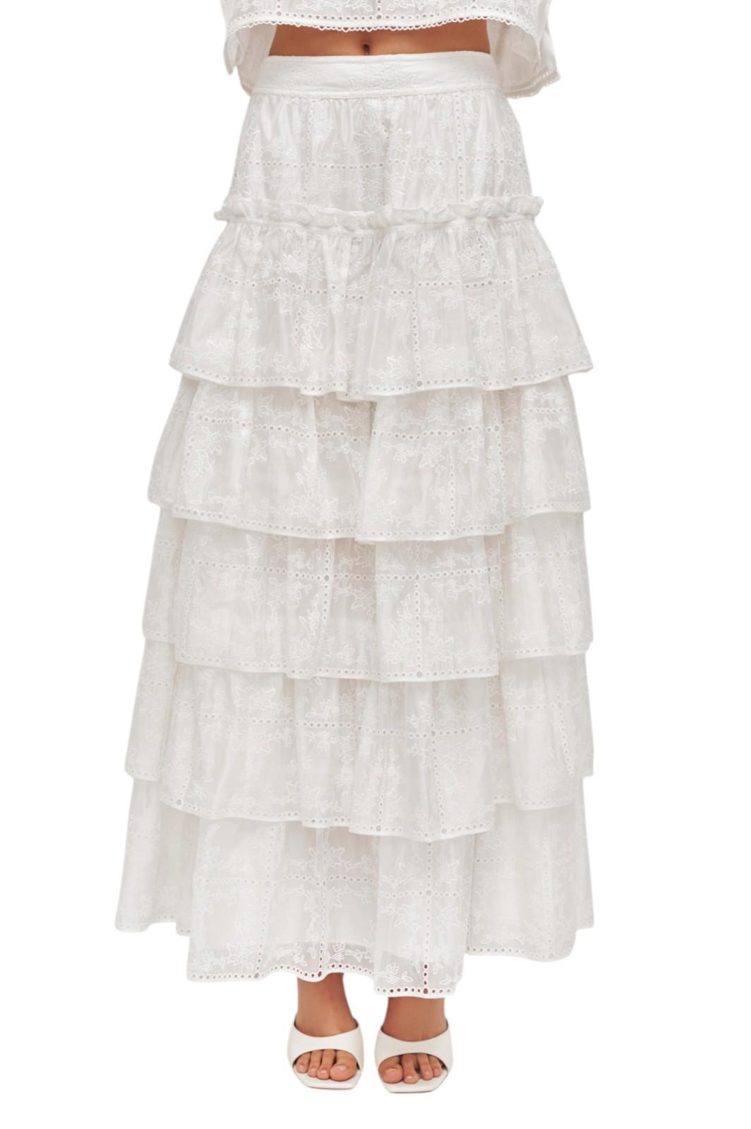 Aje. Merritt Embroidered Midi Skirt | White/Ivory, Anglaise, Tiered, Cotton