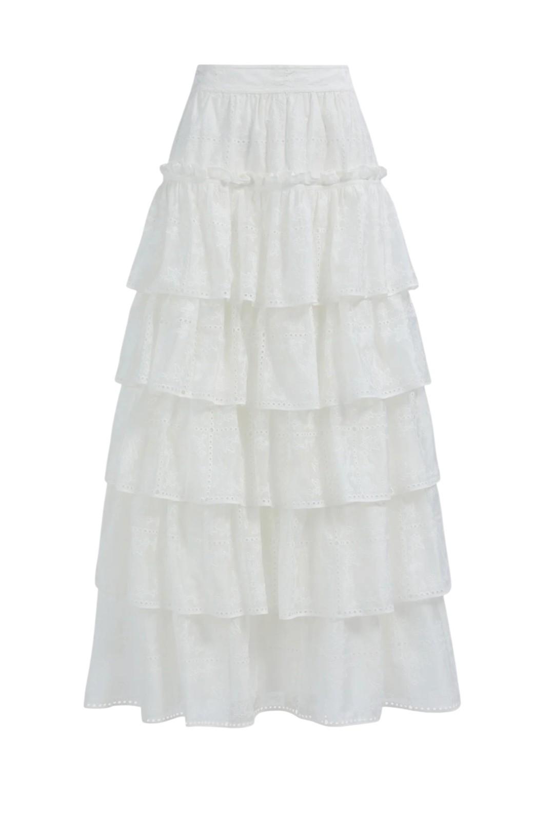 Aje. Merritt Embroidered Midi Skirt | White/Ivory, Anglaise, Tiered, Cotton