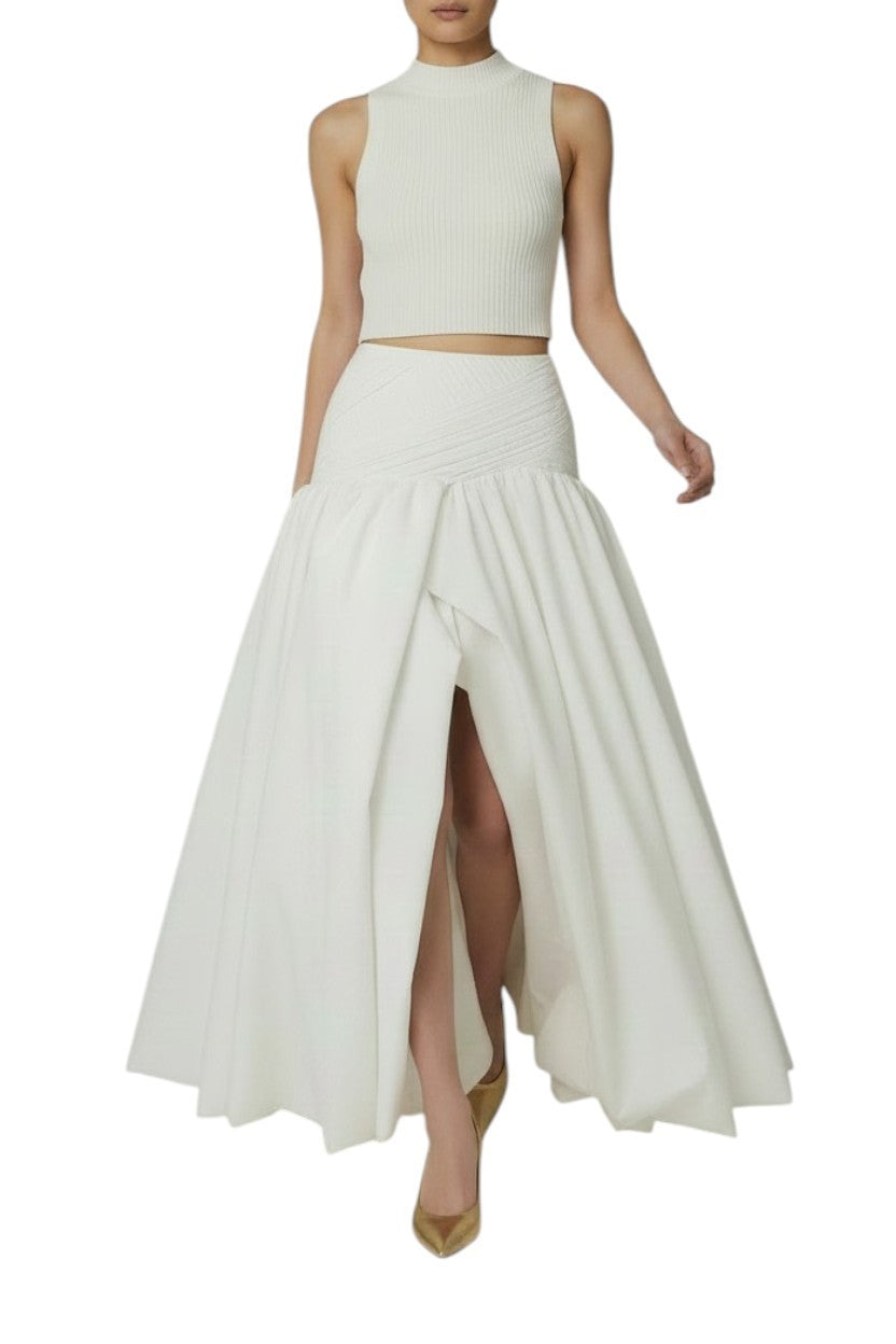 Aje Constellation Midi Skirt | Bubble Hem, White/Ivory, Ruched Waist, Front Slit