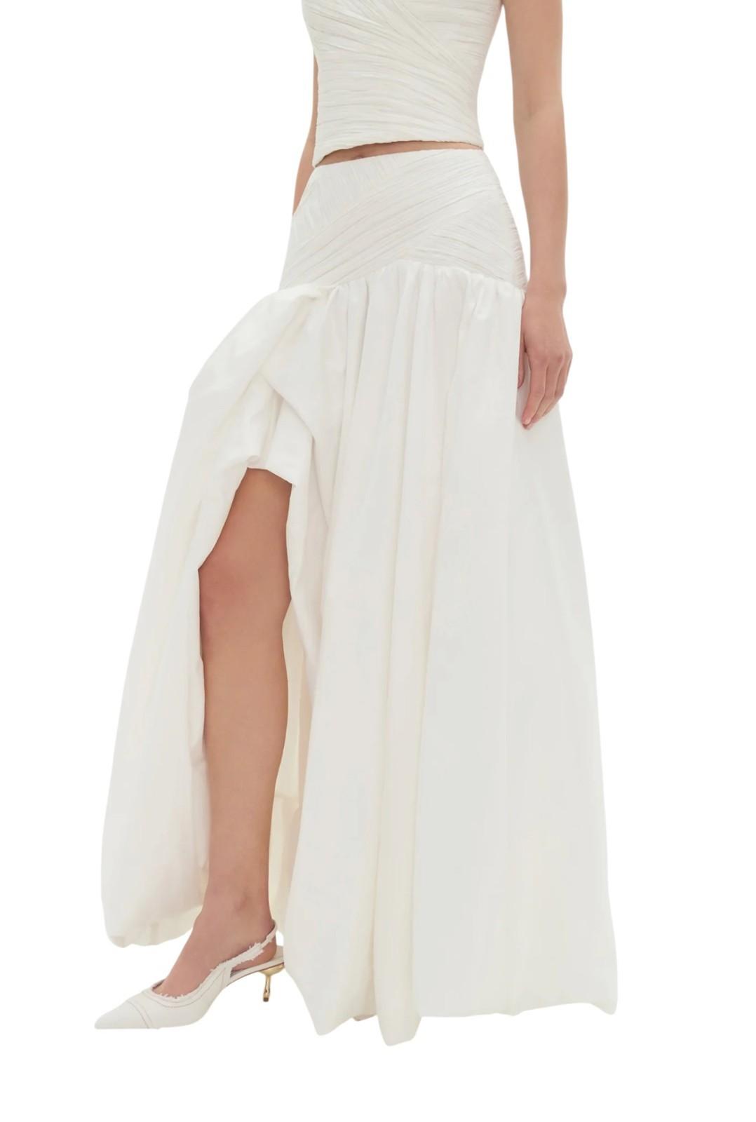 Aje Constellation Midi Skirt | Bubble Hem, White/Ivory, Ruched Waist, Front Slit