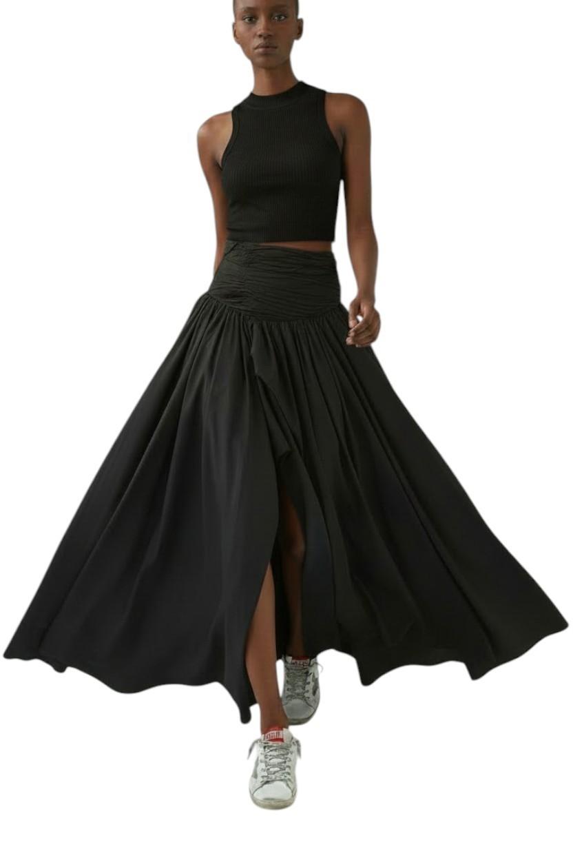 Aje Violette Bubble Hem Maxi Skirt | Black, Ruched Waist, Front Slit, Asymmetric