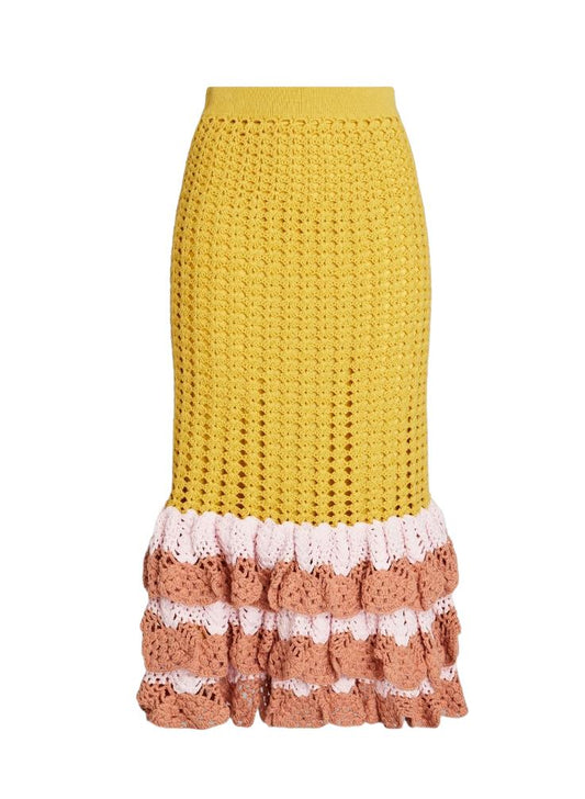 Zimmermann Laurel Crochet Midi Skirt |Mustard/Yellow/Pink, Cotton, Lined, Tiered