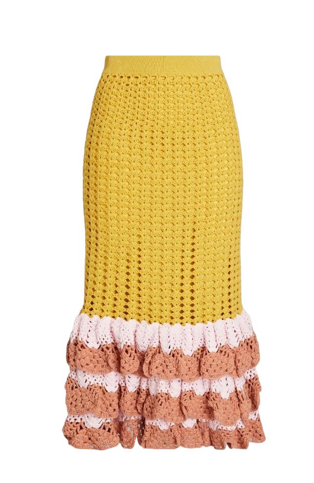 Zimmermann Laurel Crochet Midi Skirt |Mustard/Yellow/Pink, Cotton, Lined, Tiered