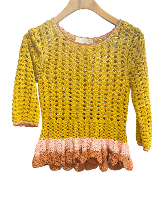 Zimmermann Laurel Crochet Frill Top | Mustard Yellow/Pink, Three Quarters Sleeve