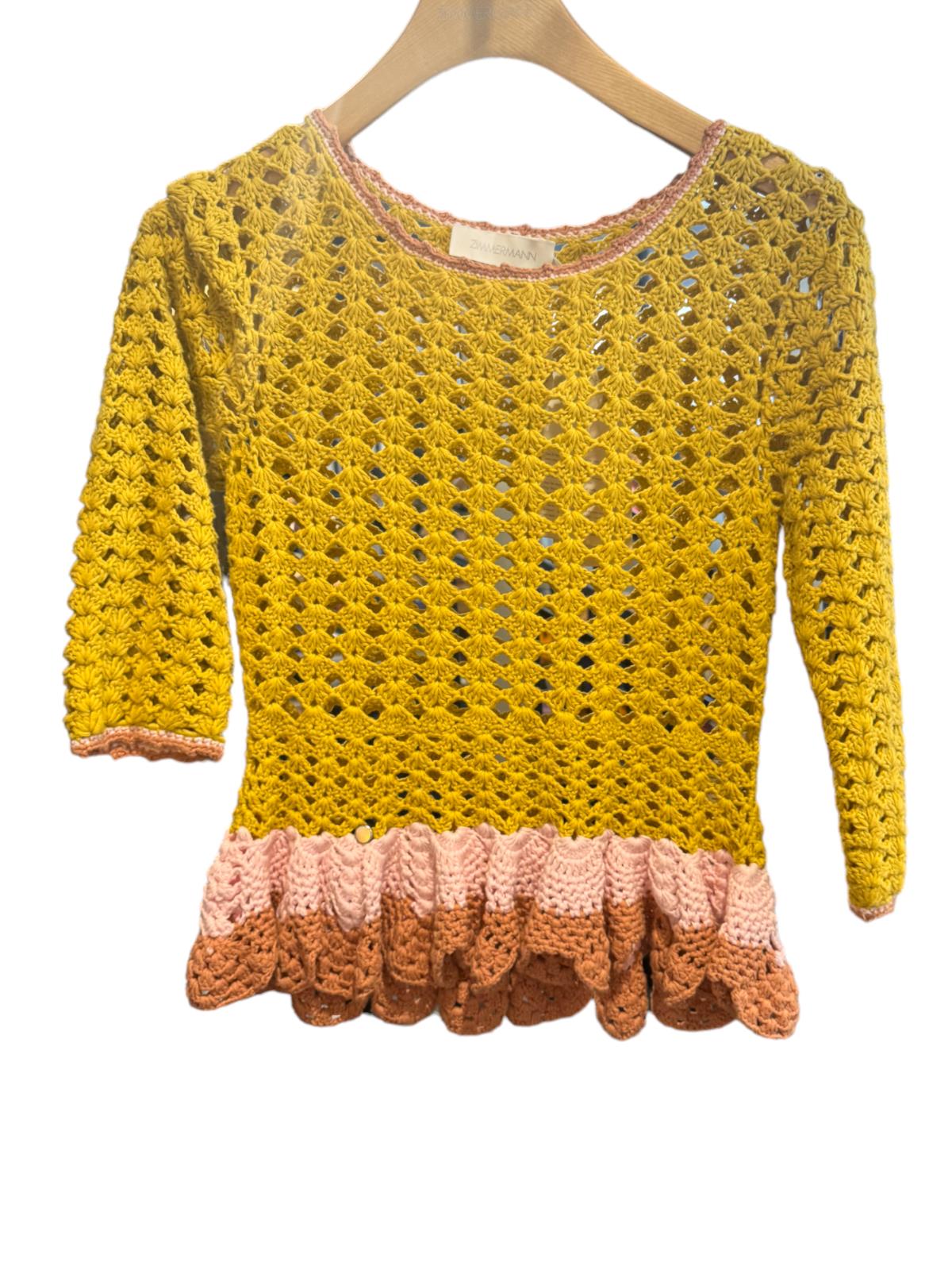 Zimmermann Laurel Crochet Frill Top | Mustard Yellow/Pink, Three Quarters Sleeve