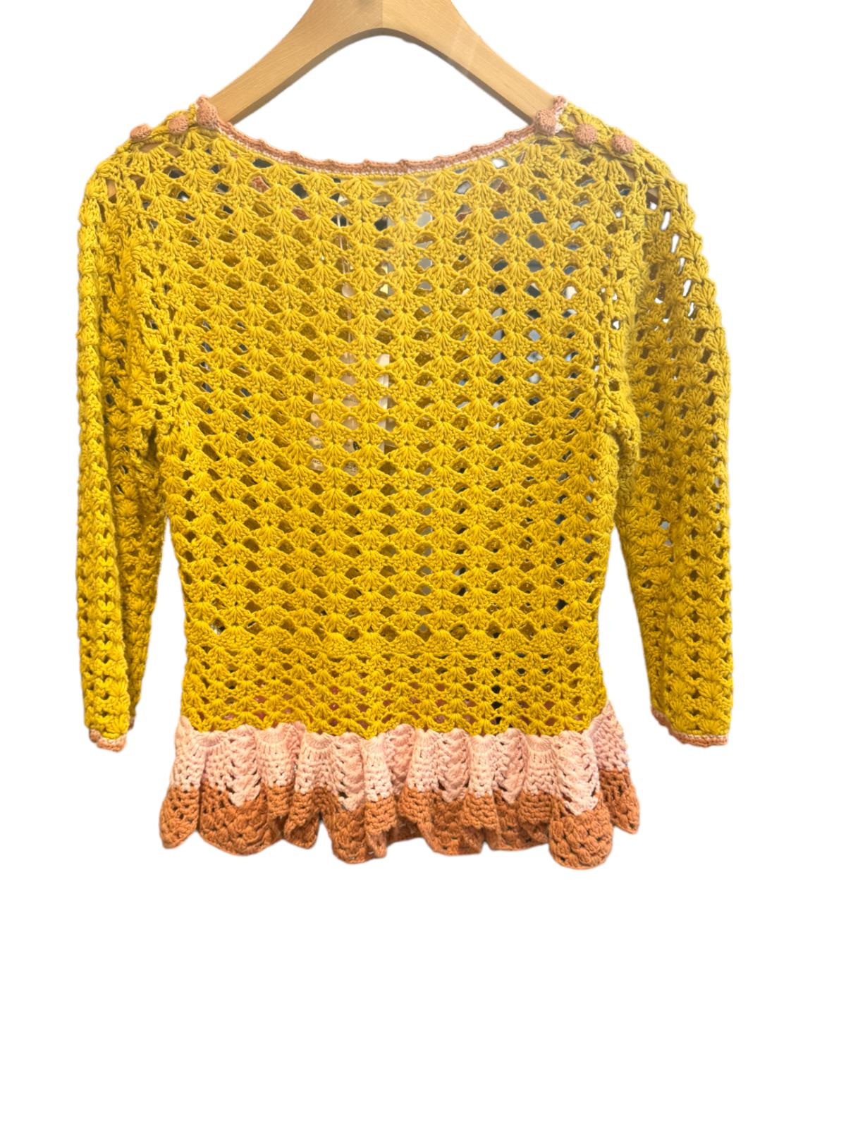 Zimmermann Laurel Crochet Frill Top | Mustard Yellow/Pink, Three Quarters Sleeve