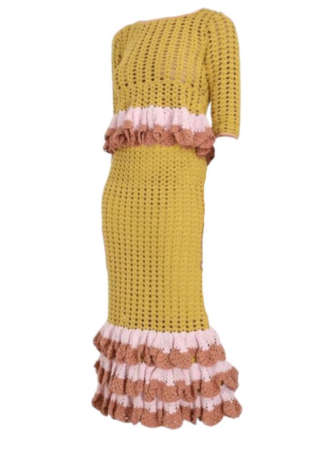 Zimmermann Laurel Crochet Frill Top | Mustard Yellow/Pink, Three Quarters Sleeve