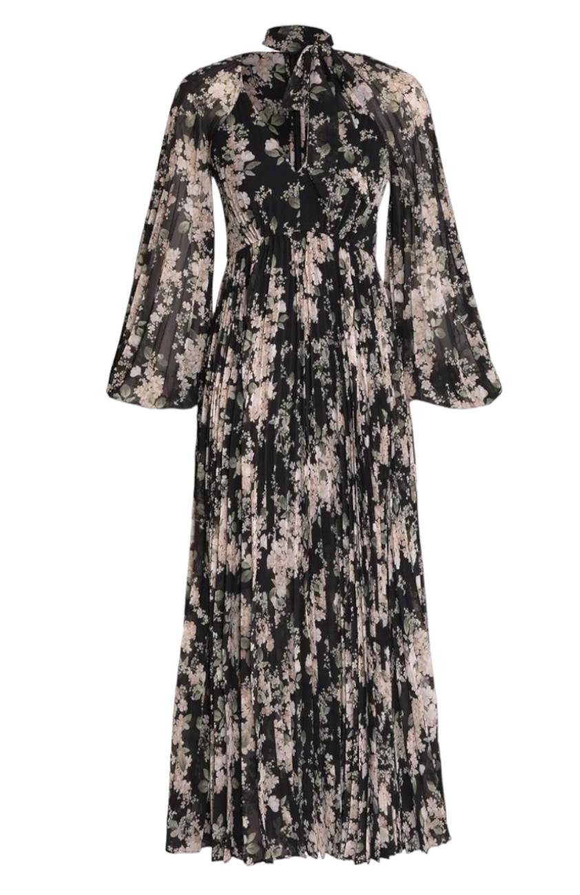 Zimmermann Sunray Pleated Midi Dress | Black Ivory Floral, Puff Sleeve, Neck Tie