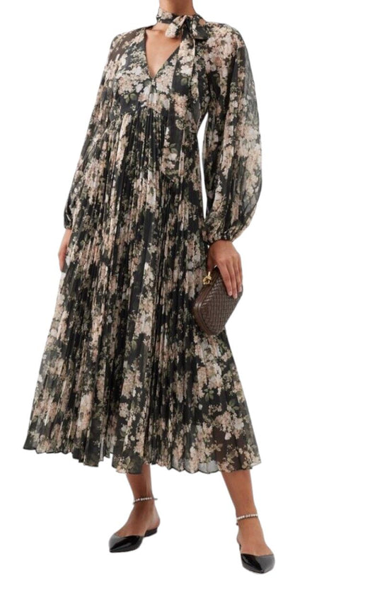 Zimmermann Sunray Pleated Midi Dress | Black Ivory Floral, Puff Sleeve, Neck Tie