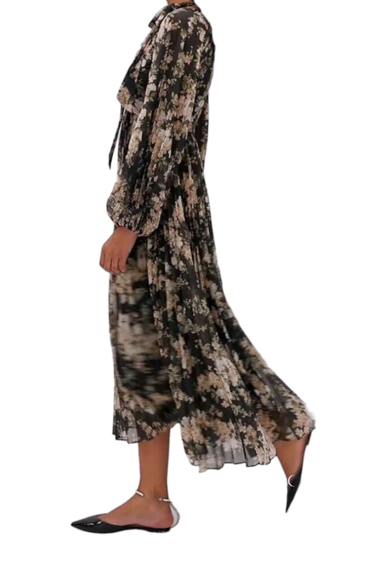 Zimmermann Sunray Pleated Midi Dress | Black Ivory Floral, Puff Sleeve, Neck Tie