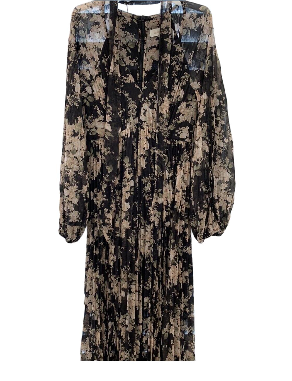 Zimmermann Sunray Pleated Midi Dress | Black Ivory Floral, Puff Sleeve, Neck Tie