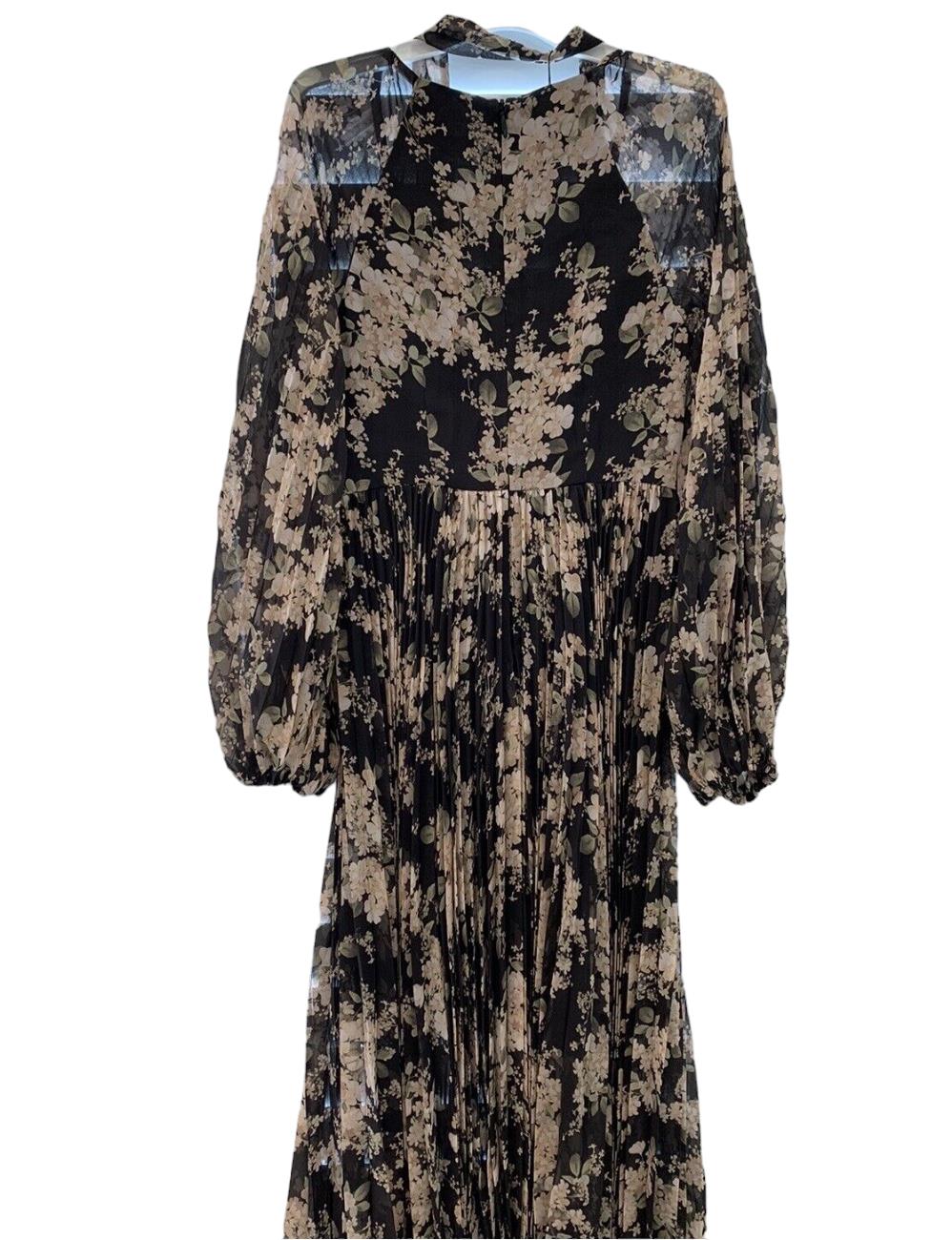 Zimmermann Sunray Pleated Midi Dress | Black Ivory Floral, Puff Sleeve, Neck Tie