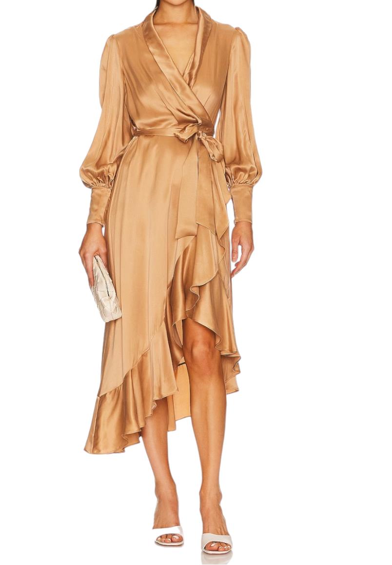 Zimmermann Silk Wrap Midi Dress | Sand/Beige/Champagne, Silk Cocktail, Dolman