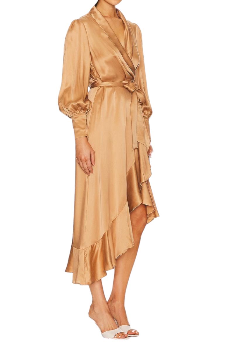 Zimmermann Silk Wrap Midi Dress | Sand/Beige/Champagne, Silk Cocktail, Dolman