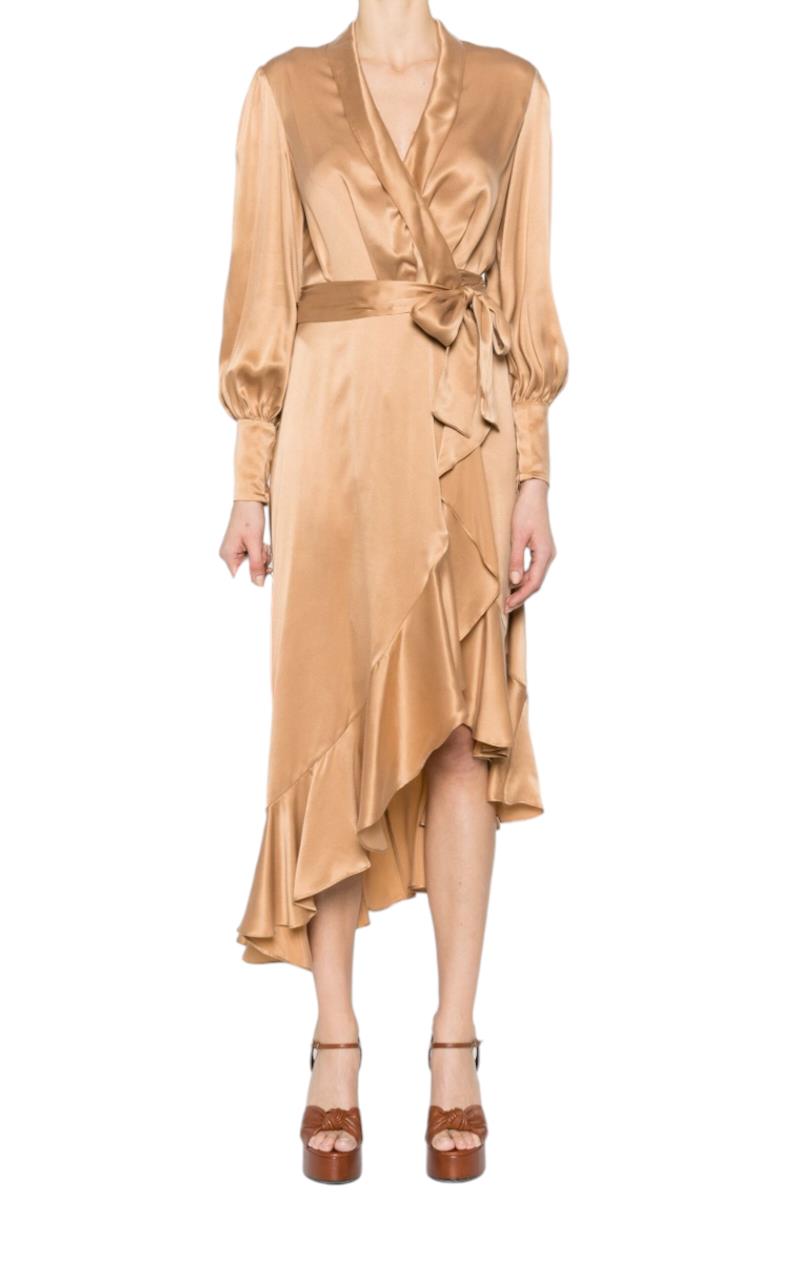 Zimmermann Silk Wrap Midi Dress | Sand/Beige/Champagne, Silk Cocktail, Dolman