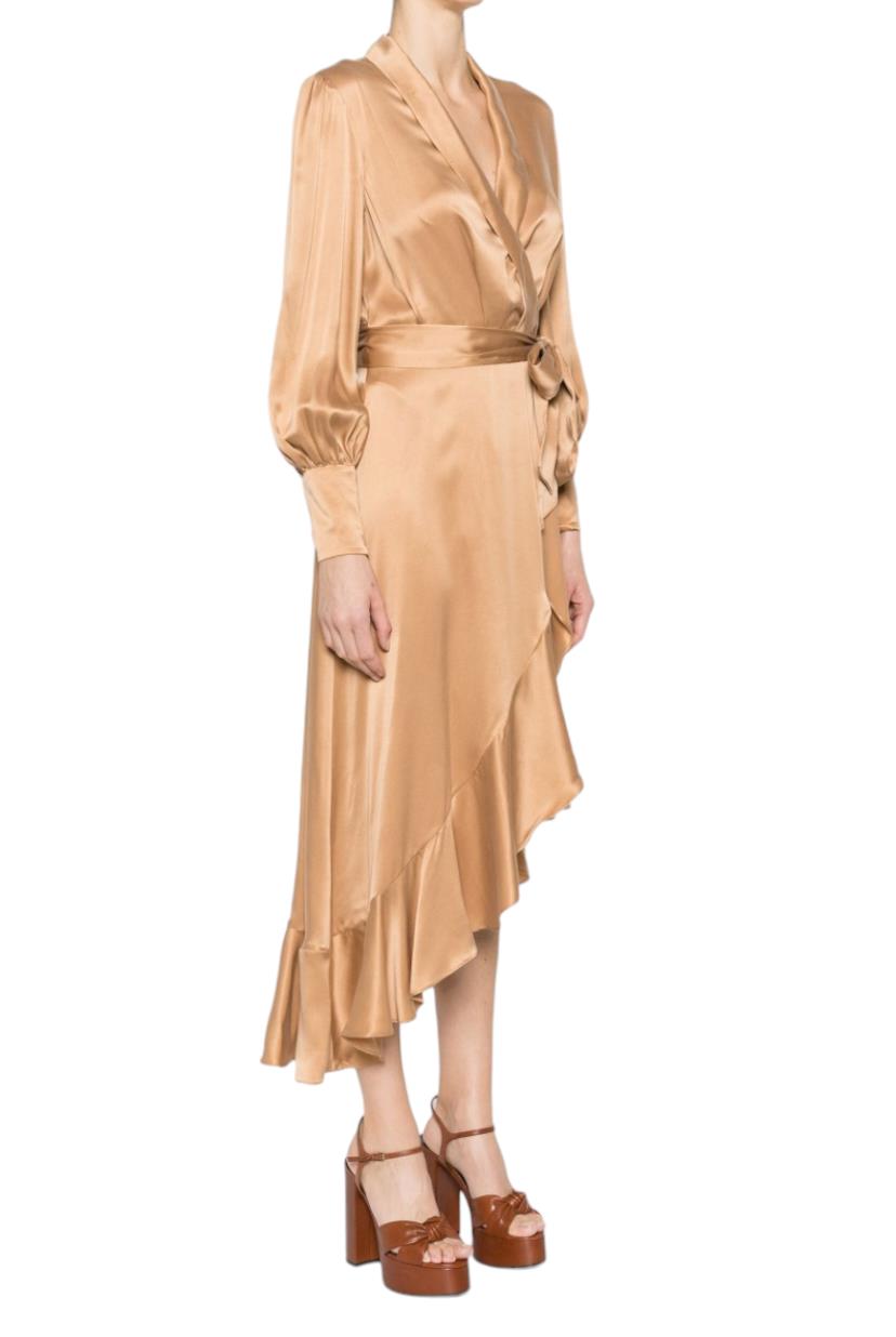 Zimmermann Silk Wrap Midi Dress | Sand/Beige/Champagne, Silk Cocktail, Dolman