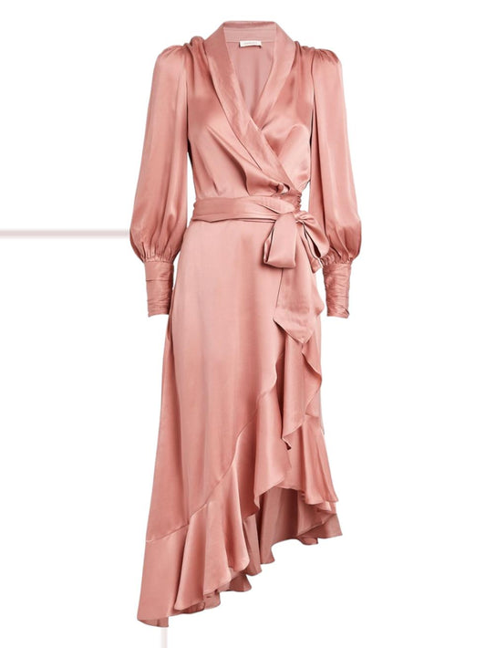 Zimmermann Silk Wrap Midi Dress | Dusty Pale Pink, Silk Cocktail, Dolman Sleeves