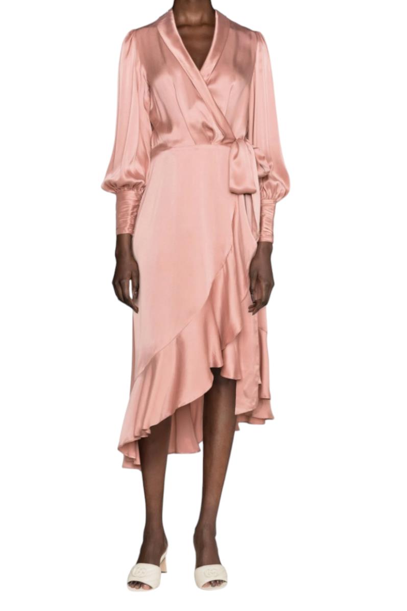 Zimmermann Silk Wrap Midi Dress | Dusty Pale Pink, Silk Cocktail, Dolman Sleeves