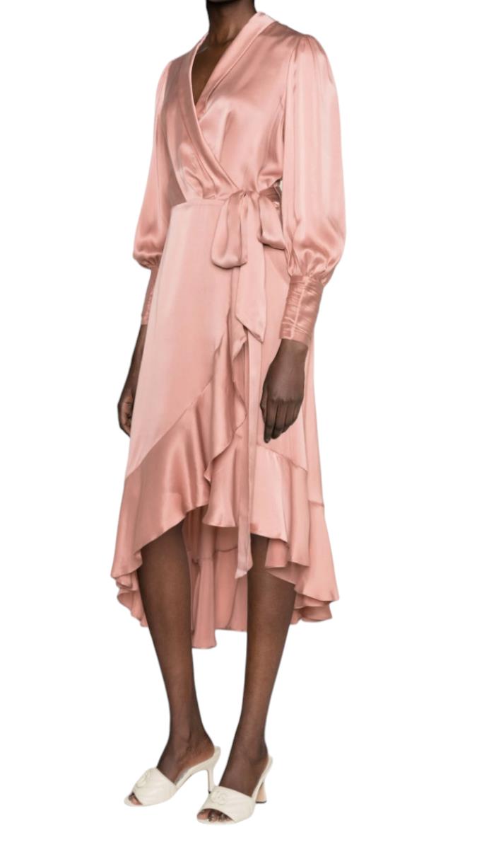 Zimmermann Silk Wrap Midi Dress | Dusty Pale Pink, Silk Cocktail, Dolman Sleeves