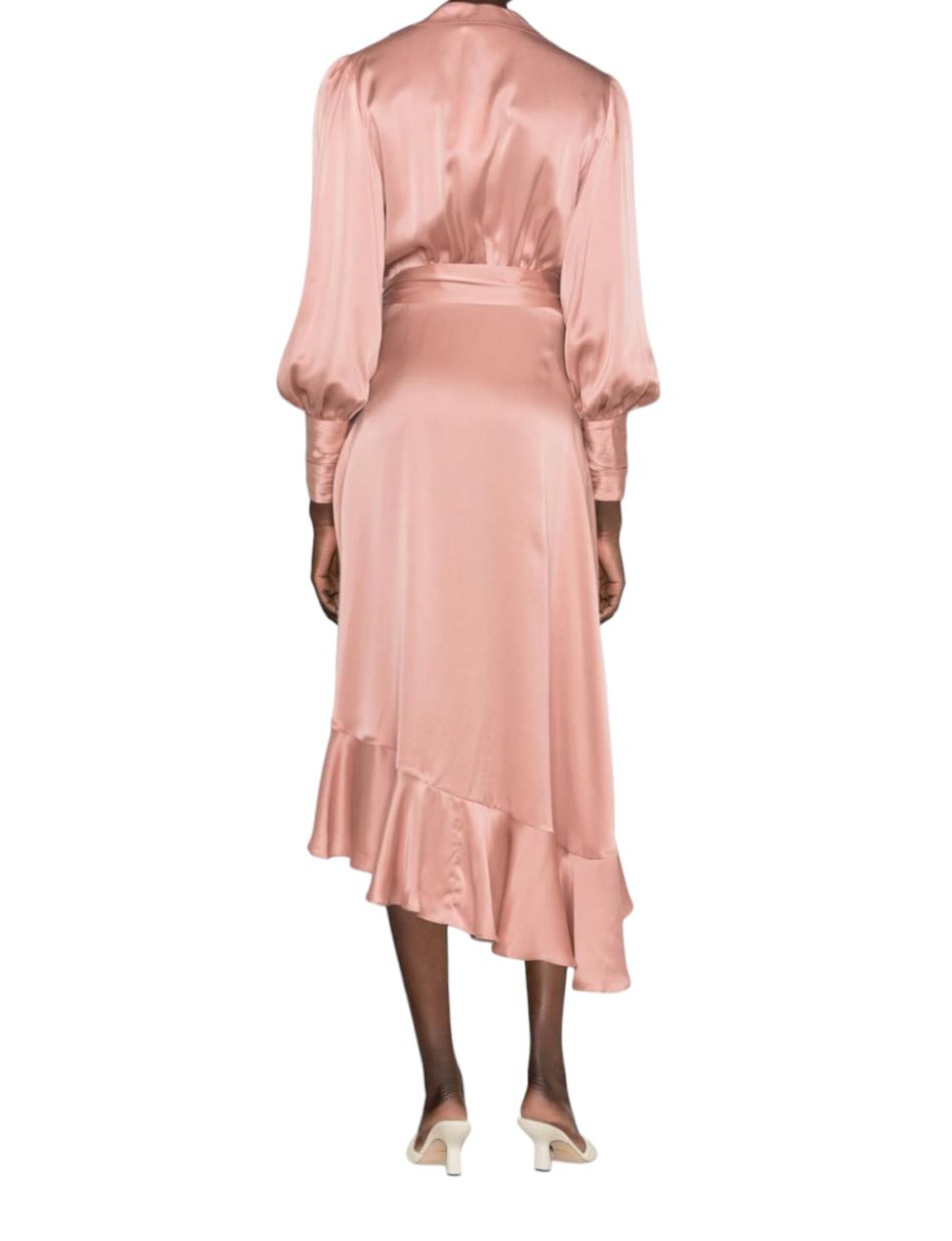 Zimmermann Silk Wrap Midi Dress | Dusty Pale Pink, Silk Cocktail, Dolman Sleeves