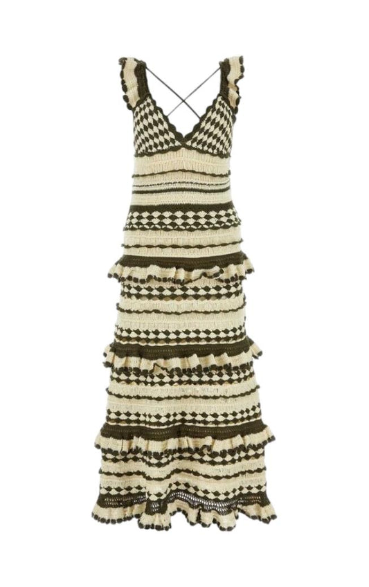 Zimmermann Devi Crochet Frill Midi Dress | Khaki/Cream, Tiered, Frills, Cotton