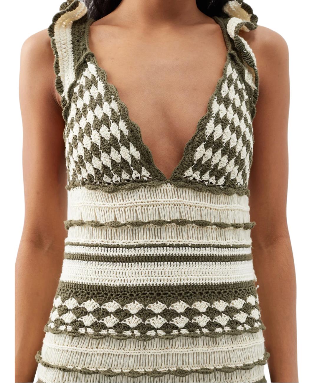 Zimmermann Devi Crochet Frill Midi Dress | Khaki/Cream, Tiered, Frills, Cotton