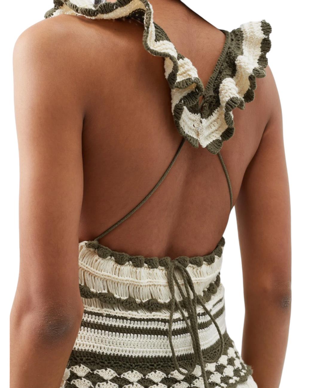 Zimmermann Devi Crochet Frill Midi Dress | Khaki/Cream, Tiered, Frills, Cotton