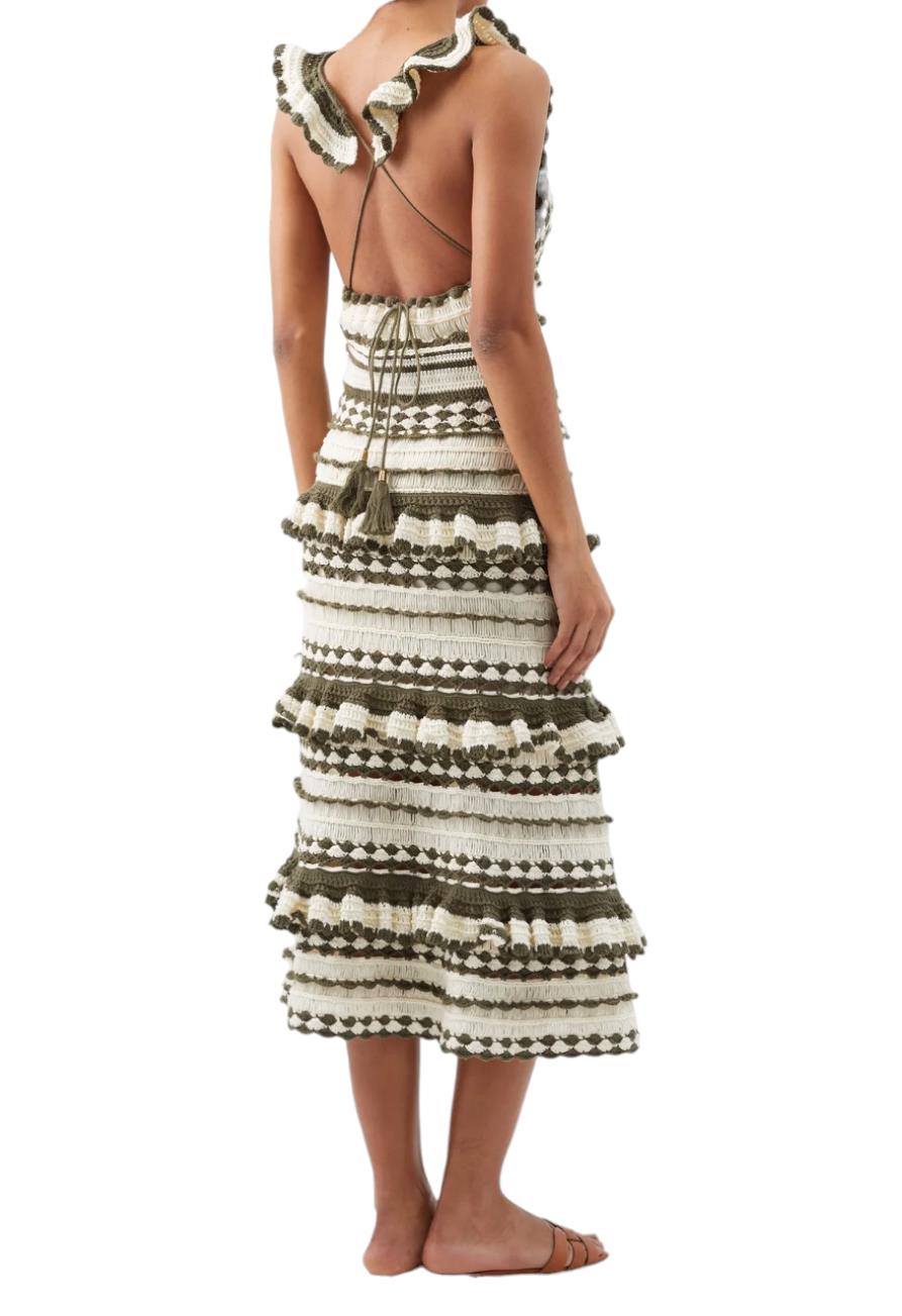 Zimmermann Devi Crochet Frill Midi Dress | Khaki/Cream, Tiered, Frills, Cotton