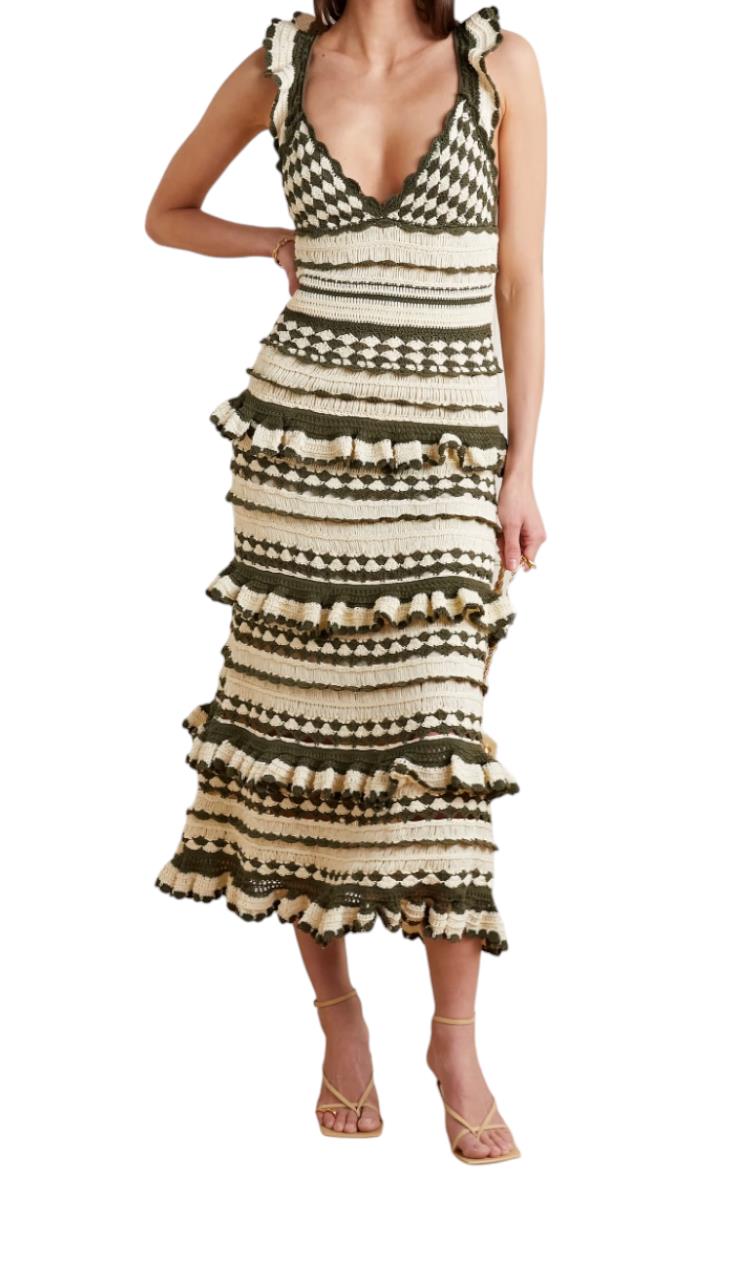 Zimmermann Devi Crochet Frill Midi Dress | Khaki/Cream, Tiered, Frills, Cotton